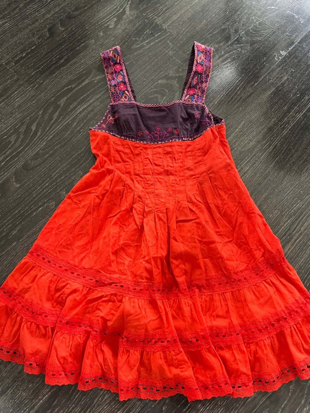 Free People Red Dress with Pink & Purple Embroidered Straps